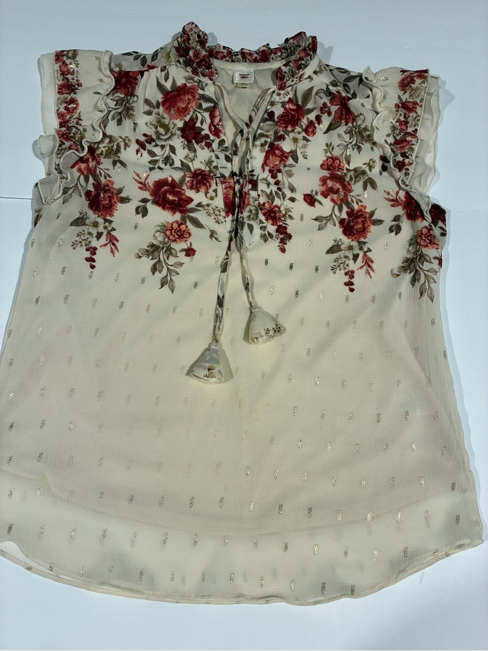 Floral Ruffle Tie-Neck Women’s Top - Cream with Red Rose & Gold Print